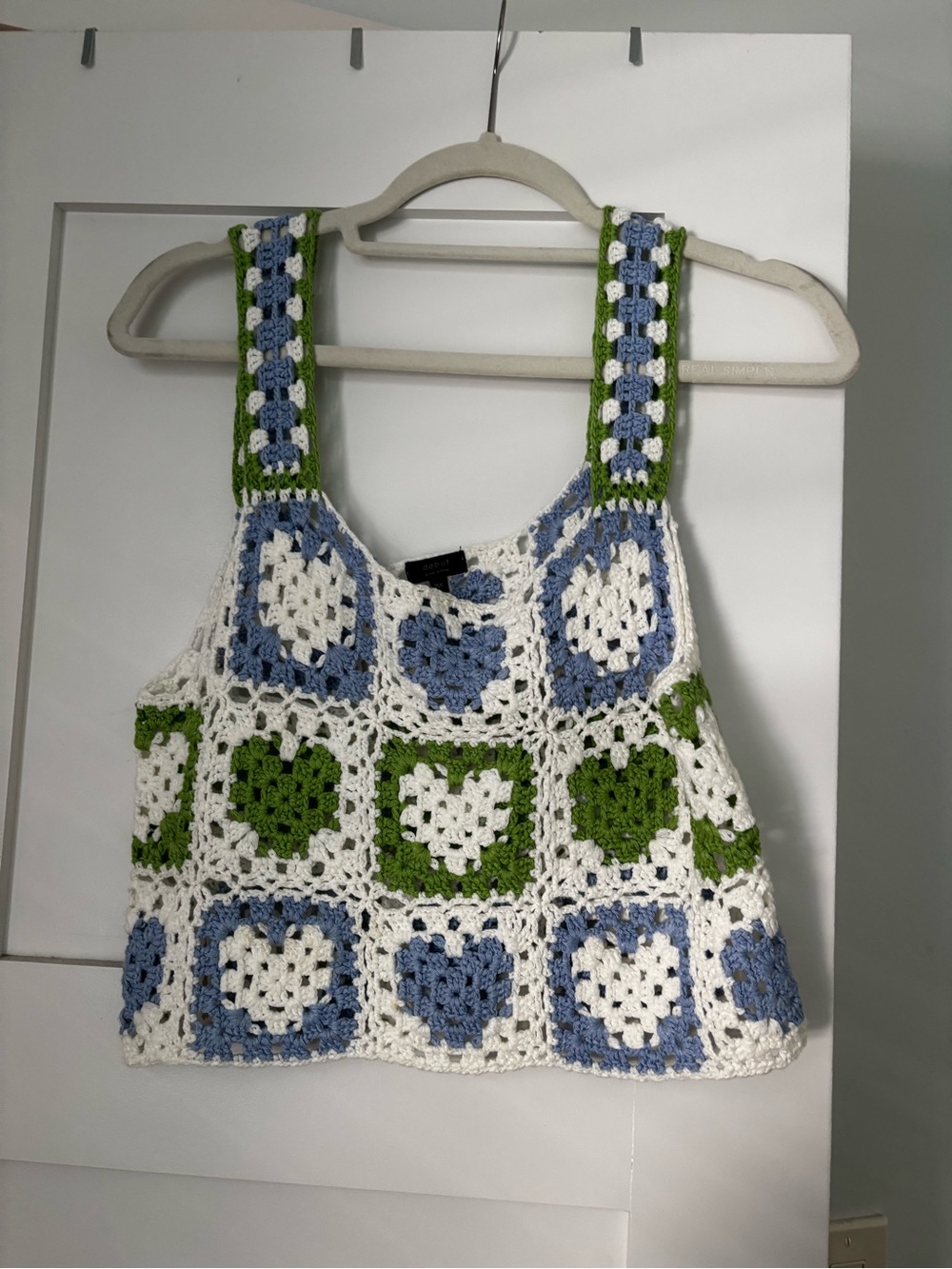 debut Crochet Patchwork Tank Top in White, Blue & Green
